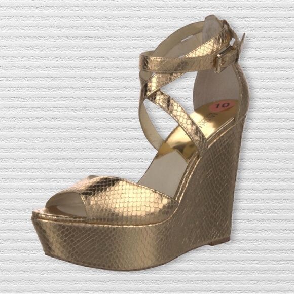 Michael Kors Ankle Strap Snake Gold Platform Wedges Floor Sample - Picture 1 of 11